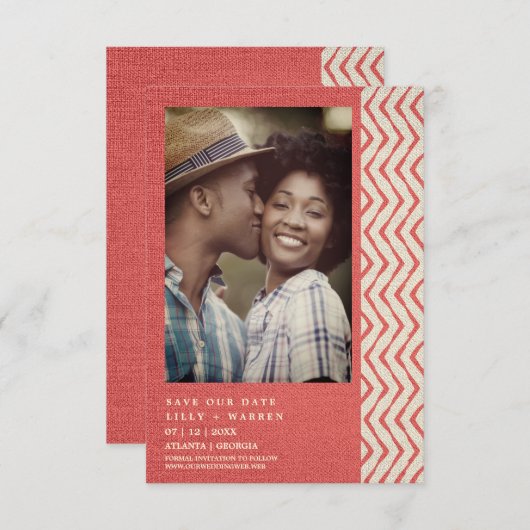 Red Boho Textile Engaged Romantic Couple Save The Date (Voorkant / Achterkant)