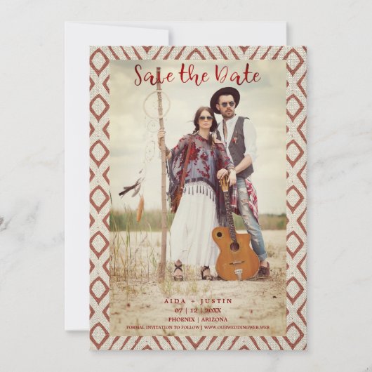 Red Boho Textile texture Romantic Engaged Couple Save The Date (Voorkant)