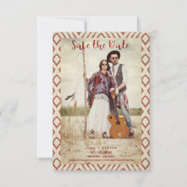 Red Boho Textile texture Romantic Engaged Couple Save The Date