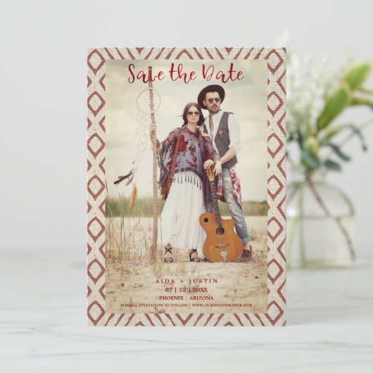 Red Boho Textile texture Romantic Engaged Couple Save The Date (Staand voorkant)