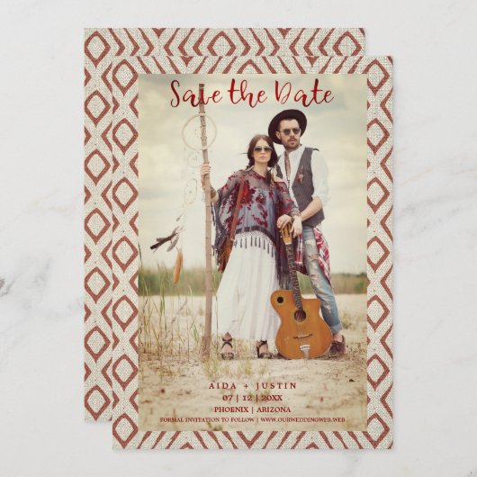 Red Boho Textile texture Romantic Engaged Couple Save The Date (Voorkant / Achterkant)