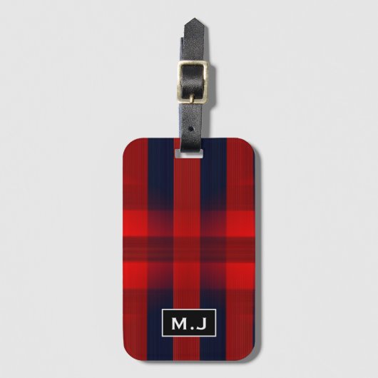 Red Bokeh Buffalo Plaid Monogram Bagagelabel (Voorkant (verticaal))
