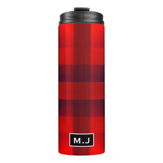 Red Bokeh Buffalo Plaid Monogram Thermosbeker (Voorkant)
