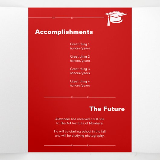 Red Bold AFSTUDEREN Letters en Pet Afstuderen Drieluik Aankondiging (Binnenkant midden)