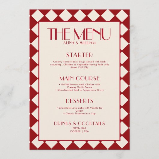 Red Bold Funky Retro Checkerboard Wedding Menu (Voorkant)