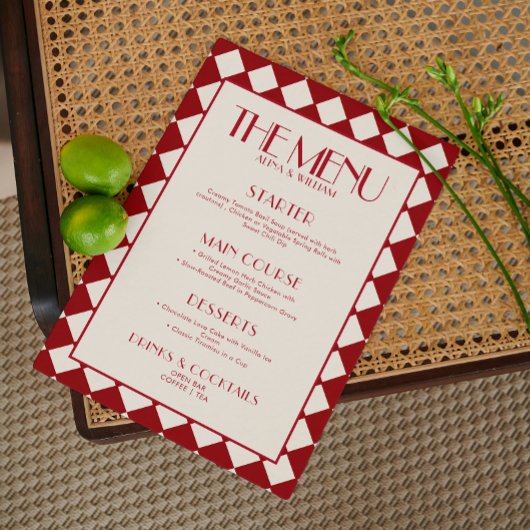 Red Bold Funky Retro Checkerboard Wedding Menu