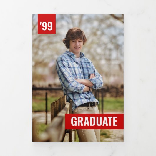 Red Bold & Modern Photo Afstuderen Drieluik Uitnodiging (Cover)