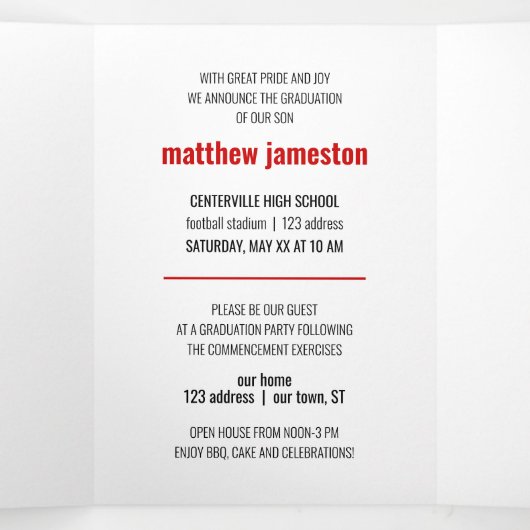 Red Bold & Modern Photo Afstuderen Drieluik Uitnodiging (Binnenkant midden)