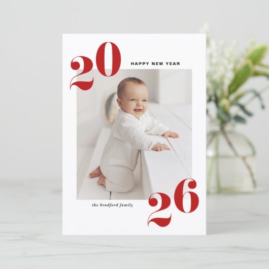 Red Bold Typography 2025 Nieuwjaarsfoto Feestdagenkaart (Staand voorkant)