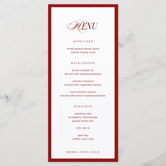 Red Bon Appetit Classic Elegante Fancy bruiloft Menu (Voorkant)