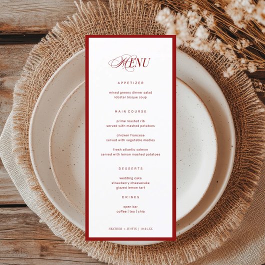 Red Bon Appetit Classic Elegante Fancy bruiloft Menu