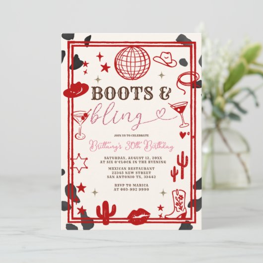 Red Boots and Bling Skin Cowgirl Western Birthday  Kaart (Staand voorkant)