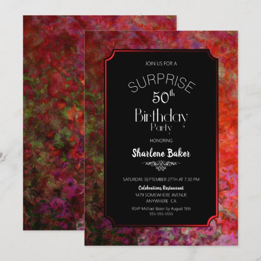 Red Border Black Surprise 50th Birthday Party Kaart (Voorkant / Achterkant)