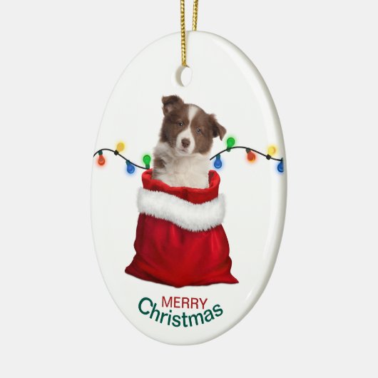 Red Border Collie Puppy in Holiday Gift Bag Keramisch Ornament (Links)