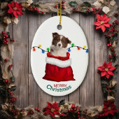 Red Border Collie Puppy in Holiday Gift Bag Keramisch Ornament