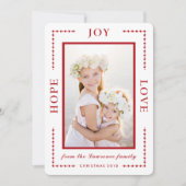 Red Border Hope Joy Love Moderne kerstfoto Feestdagenkaart (Voorkant)