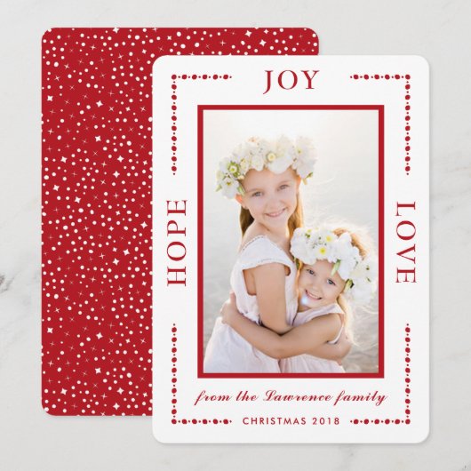 Red Border Hope Joy Love Moderne kerstfoto Feestdagenkaart (Voorkant / Achterkant)
