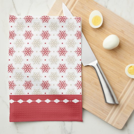 Red Border Snowflake Pattern Holiday Theedoek (Quarter Fold)