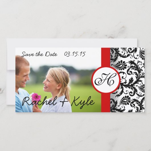 Red Borders Black en White Damask Save The Date (Voorkant)