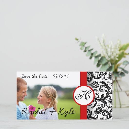 Red Borders Black en White Damask Save The Date (Staand voorkant)