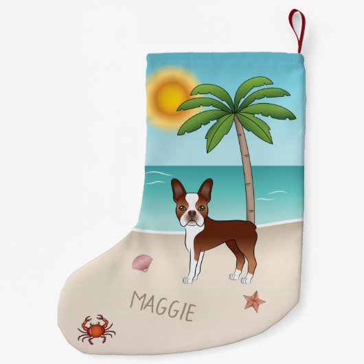 Red Boston Terrier bij een tropisch zomerstrand Kleine Kerstsok (Achterkant)