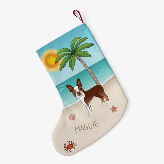 Red Boston Terrier bij een tropisch zomerstrand Kleine Kerstsok (Achterkant (Hangend))