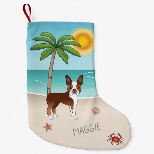 Red Boston Terrier bij een tropisch zomerstrand Kleine Kerstsok (Voorkant)