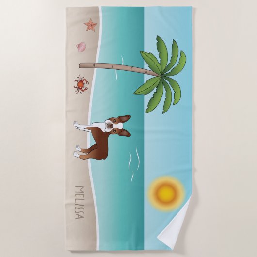 Red Boston Terrier bij een tropisch zomerstrand - Strandlaken (Voorkant)