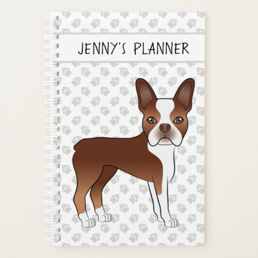 Red Boston Terrier Cartoon Dog en je eigen titel Planner (Voorkant)
