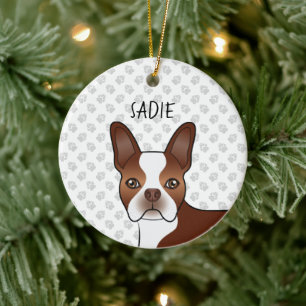 Red Boston Terrier Cartoon Dog Head & Custom Name Keramisch Ornament