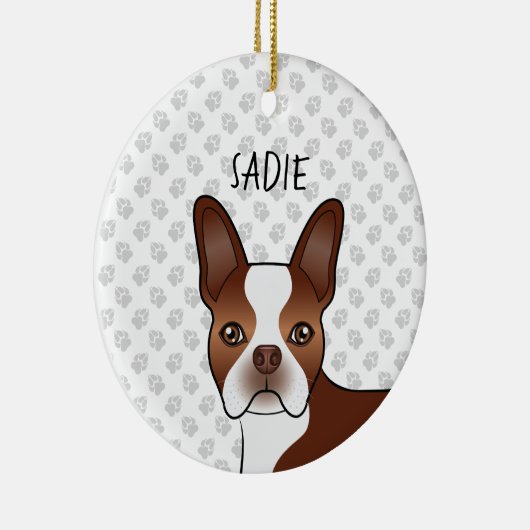 Red Boston Terrier Cartoon Dog Head & Custom Name Keramisch Ornament (Rechts)