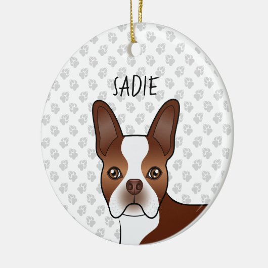Red Boston Terrier Cartoon Dog Head & Custom Name Keramisch Ornament (Links)