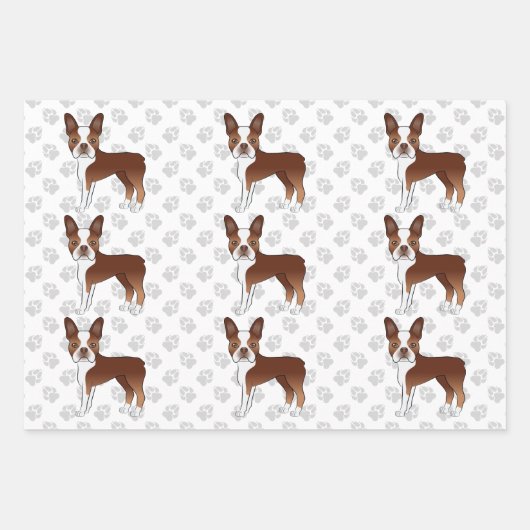 Red Boston Terrier Cartoon Dog Pattern & Gray Paws Inpakpapier Vel (Voorkant 3)
