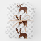 Red Boston Terrier Cartoon Dog Pattern & Gray Paws Inpakpapier Vel (In situ)