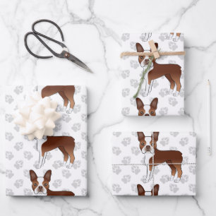 Red Boston Terrier Cartoon Dog Pattern & Gray Paws Inpakpapier Vel