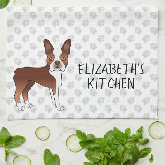 Red Boston Terrier Cartoon Dog & Your Custom Text Theedoek (Gevouwen)