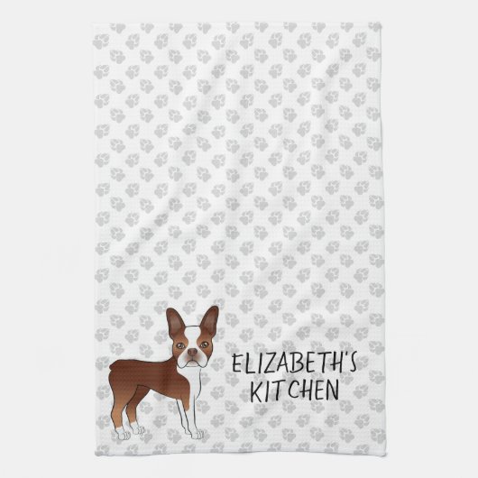 Red Boston Terrier Cartoon Dog & Your Custom Text Theedoek (Verticaal)
