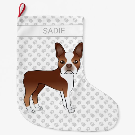 Red Boston Terrier Cute Cartoon Dog & Custom Name Grote Kerstsok (Voorkant)