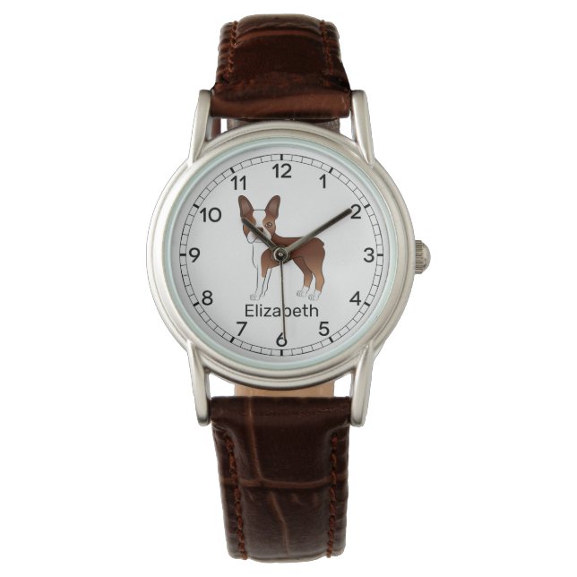 Red Boston Terrier Cute Cartoon Dog & Custom Name Horloge (Voorkant)