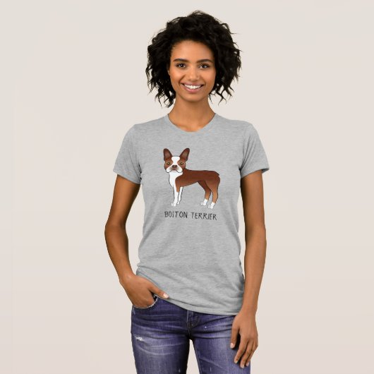 Red Boston Terrier Cute Cartoon Dog & Custom Text T-shirt (Voorkant volledig)