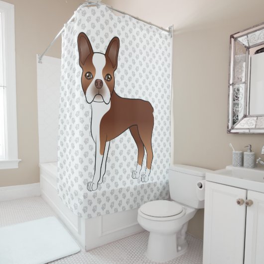Red Boston Terrier Cute Cartoon Dog Design & Paws Douchegordijn (In situ)