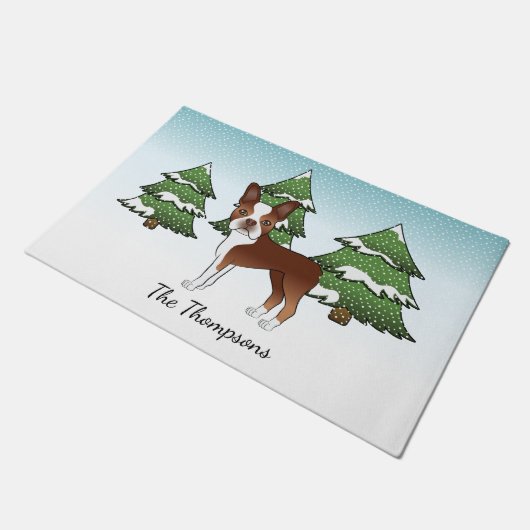 Red Boston Terrier in a Winter Forest & Name Deurmat (Schuin)