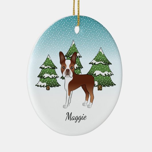 Red Boston Terrier in a Winter Forest & Name Keramisch Ornament (Rechts)