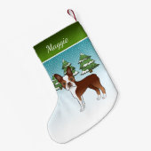 Red Boston Terrier in a Winter Forest & Name Kleine Kerstsok (Achterkant (Hangend))