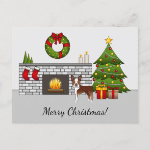 Red Boston Terrier in een feestelijke kerstzaal Briefkaart