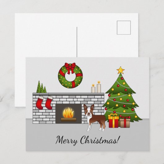 Red Boston Terrier in een feestelijke kerstzaal Briefkaart (Voorkant / Achterkant)
