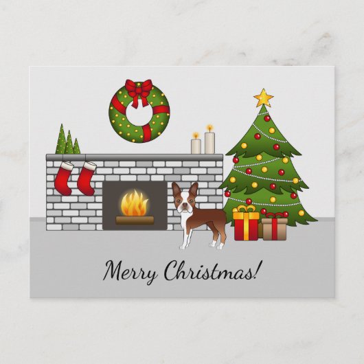 Red Boston Terrier in een feestelijke kerstzaal Briefkaart (Voorkant)