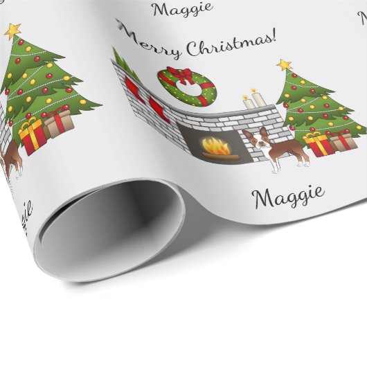 Red Boston Terrier in een feestelijke kerstzaal Cadeaupapier (Rol Hoek)