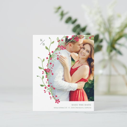 Red Botanical Initials Elegant Wreath Wedding Pic (Staand voorkant)