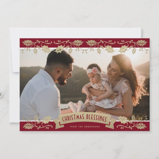 Red Botanical Photo Christmas Blessings Christian Feestdagenkaart (Voorkant)